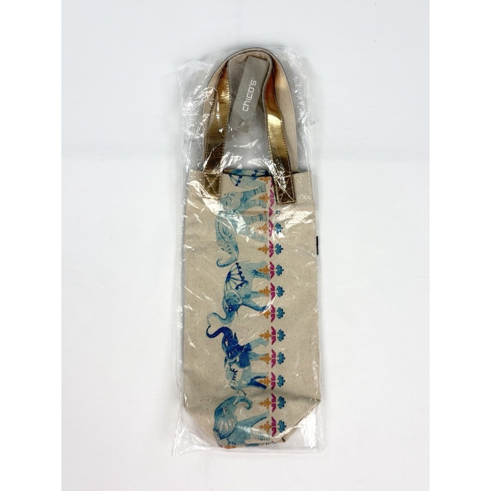 Chico's Blocked Elephant Canvas Wine Bag NWT Metallic Gold Handle Gift Tote OS
